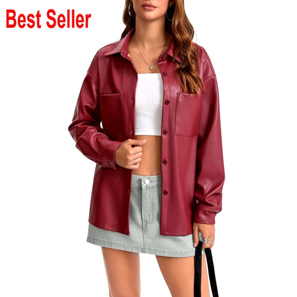 Faux Leather Button Down Shirt Jacket Lightweight Long Sleeve Pu Blouse